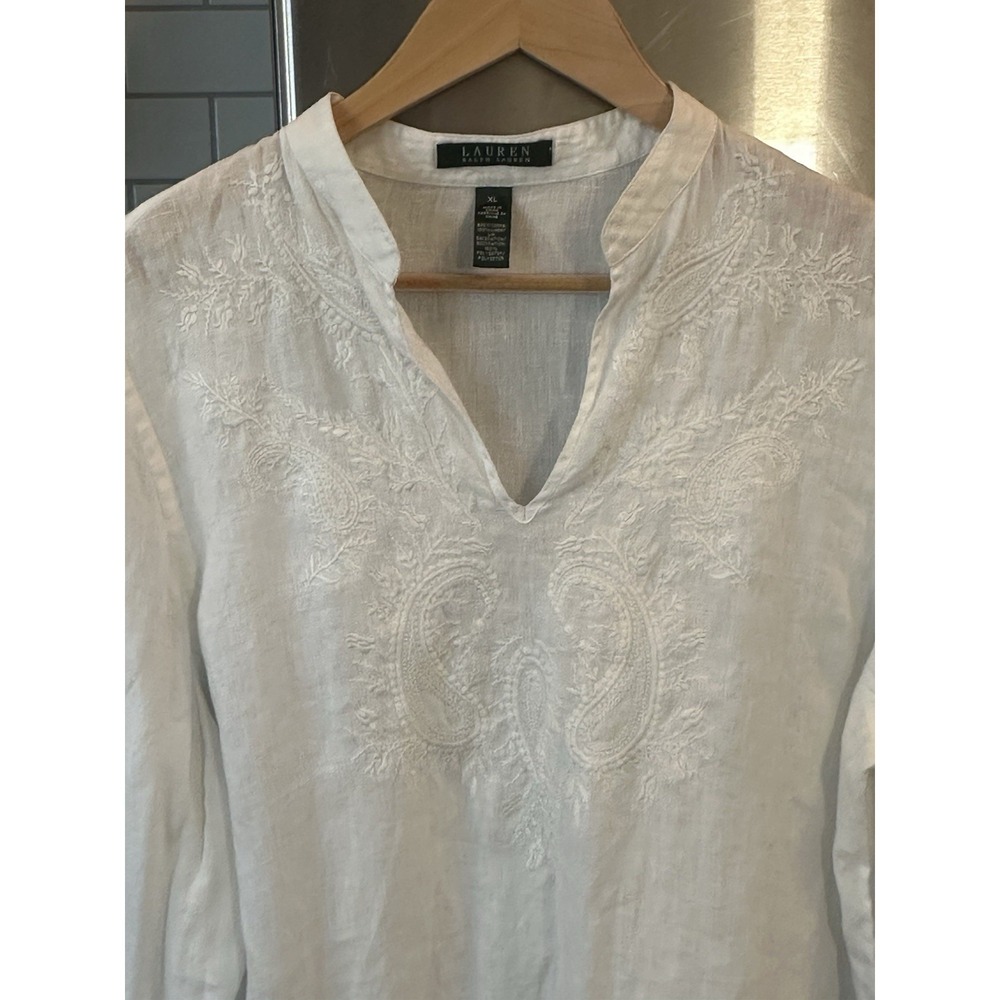 Lauren Ralph Lauren Linen White Embroidered Long Sleeve V-neck Plus Size